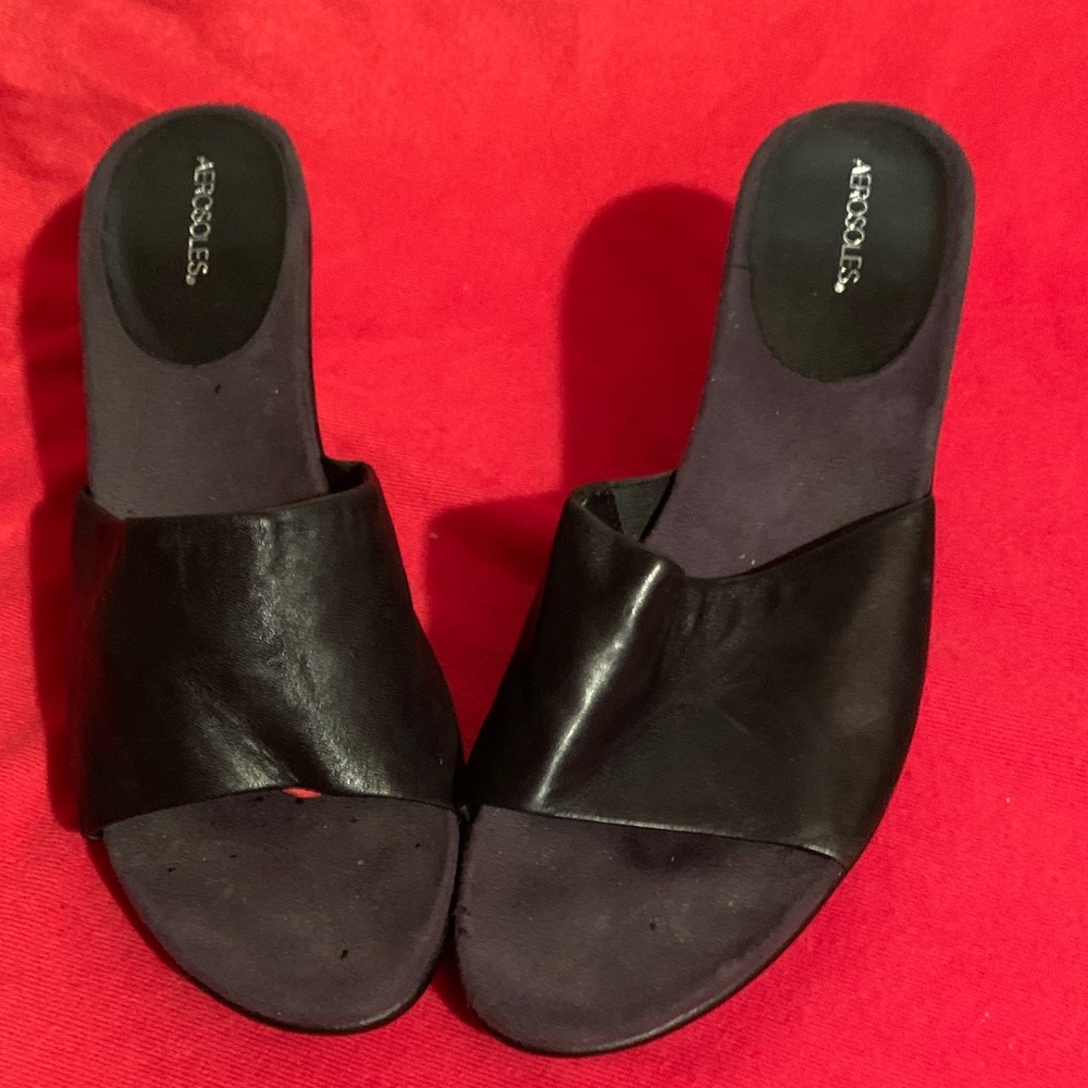 AEROSOLES Black Leather Slip-On Mules
